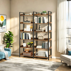 English Elm 6-Tier Industrial Bookshelf 67" Black+Brown Metal Frame with 12 Open Shelves, Edge Guards & Stable Design W3204P354206