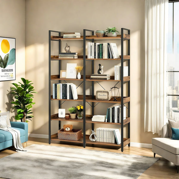 English Elm 6-Tier Industrial Bookshelf 67" Black+Brown Metal Frame with 12 Open Shelves, Edge Guards & Stable Design W3204P354206