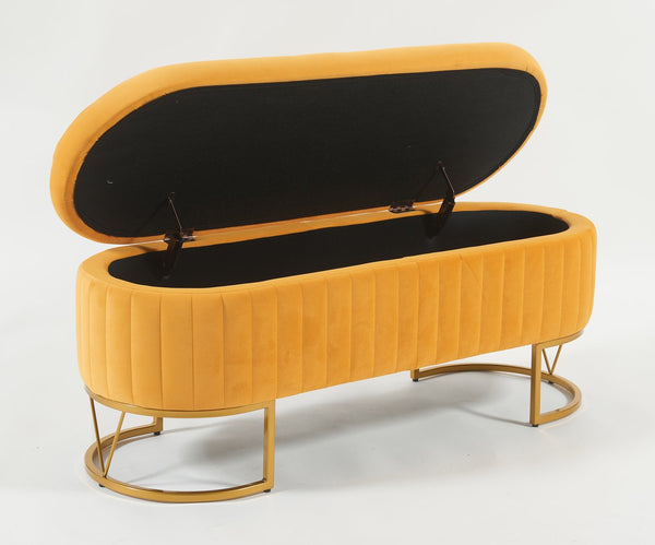 English Elm Oval Velvet Storage Bench with Metal Legs — Luxurious Upholstered Ottoman with Lift-Top Storage, 300lb Capacity, Modern Decorative Seating Mustard T3903P372930
