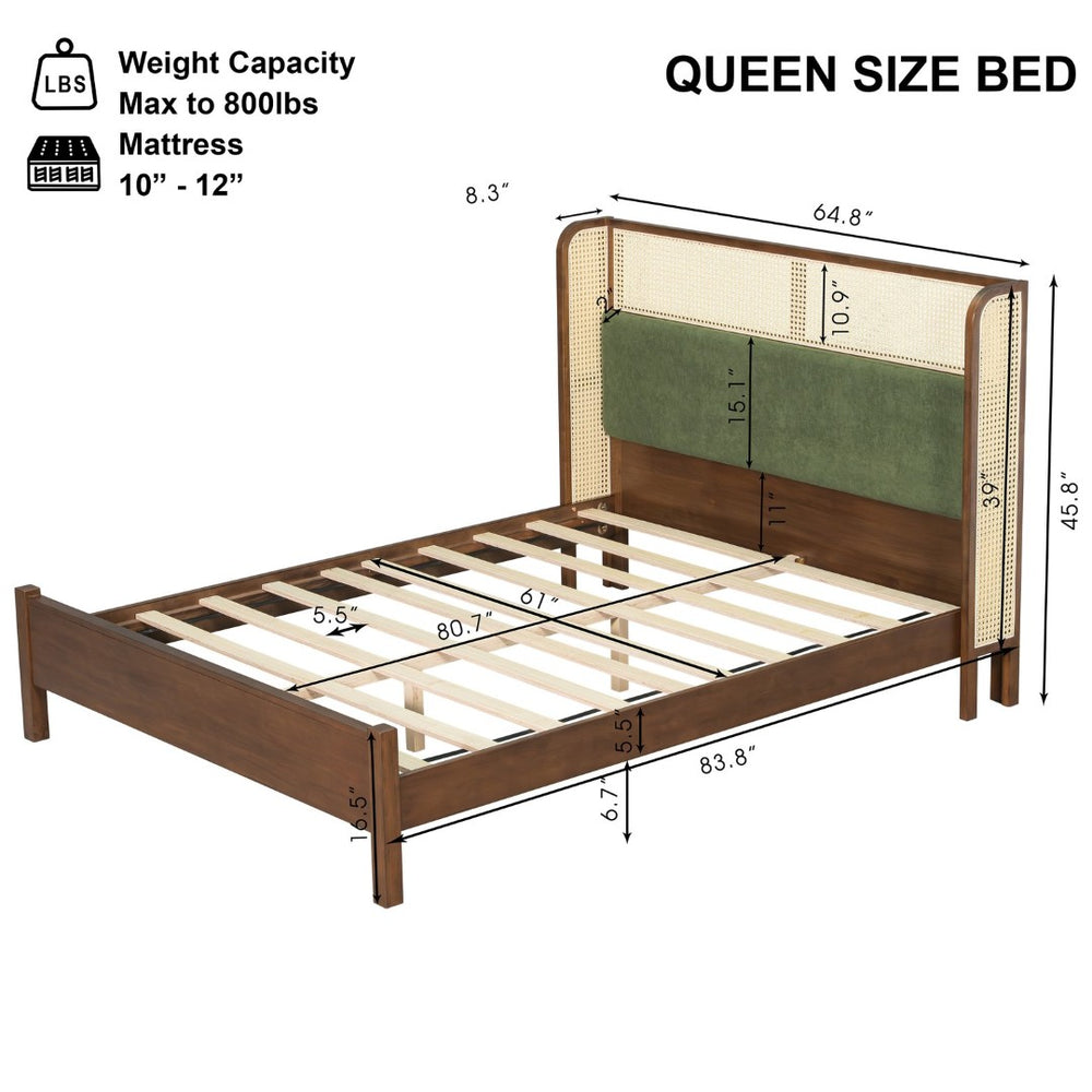 English Elm Queen Platform Bed Solid Wood Frame Velvet Headboard Modern Minimalist Bedroom N770PQ375070D