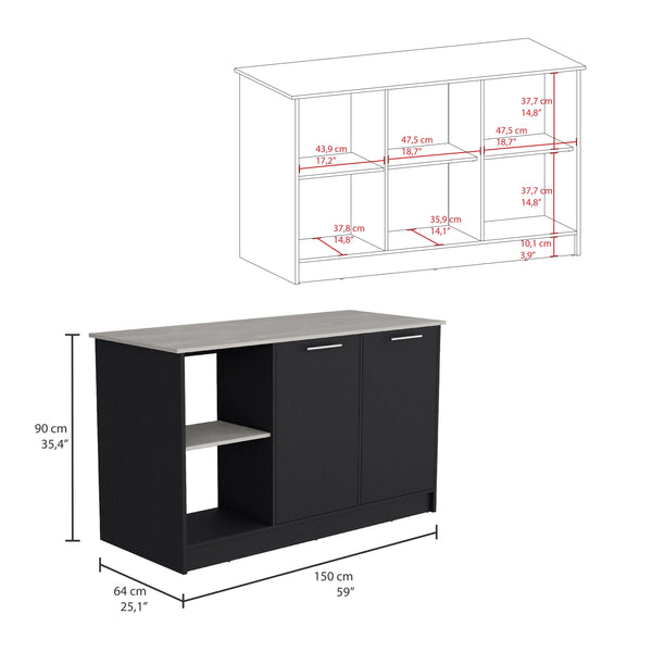 English Elm Juniper Kitchen Island with Spacious 59" Worktop, Double-Door Storage and Open Shelving for Cooktops Black+Ivory 64 L x 29 W x 4 H B200S00397