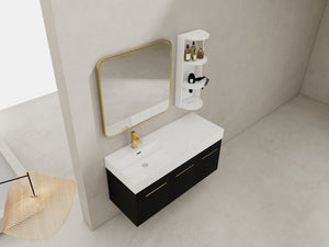 English Elm 48 Inch Wall-Mounted Bathroom Vanity Set With Left Basin Sink, Storage Rack & Soft-Close Hinges W999S00371