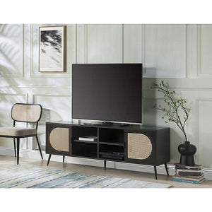 English Elm Black TV Stand Rattan Accent with Metal Legs, 4 Shelves & 2 Doors for Sleek Storage and Display (98) B062P209413