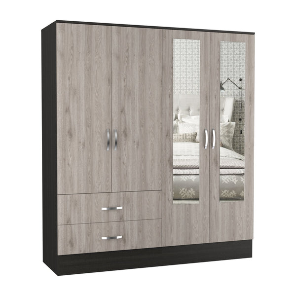English Elm Gangi Modern 4-Door Armoire with Mirrors, 10 Shelves, 2 Drawers & Hanging Rod for Organized Bedrooms Black+Grey 74.8 L x 23.62 W x 3.94 H B097S00228