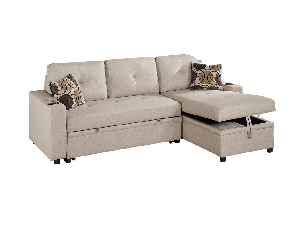English Elm Beige Convertible Sectional Sofa with Pull-Out Bed, Reversible Storage Chaise & Dual Cupholders B011S01022