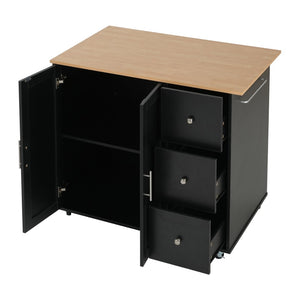 English Elm Mobile Rolling Kitchen Island with 3 Drawers Matte Black Cabinet and Natural Wood Top N779P373196B