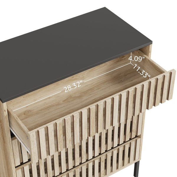 English Elm Fluted,4 Drawer Chest with Slatted Fronts — Large Capacity Freestanding Storage, Natural+Black Finish W2673P208644