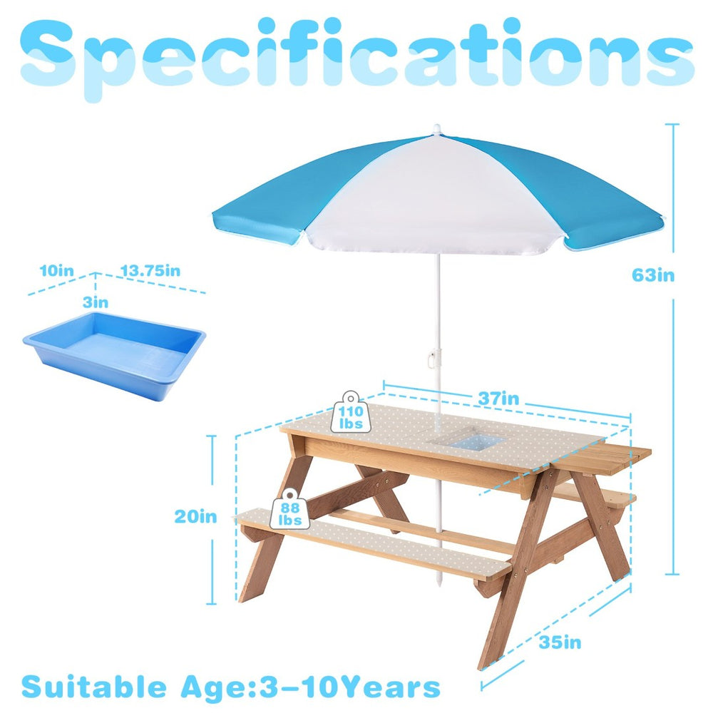 English Elm 3-in-1 Kids Cedar Outdoor Picnic Sand Water Play Table with Shading Umbrella W1390P160713