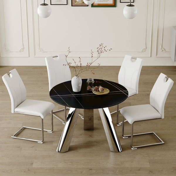 English Elm Table 5-Piece Modern Dining Set: 42-Inch Sintered Stone Round Table & 4 Ergonomic White Chairs W2920S00015-GIGA