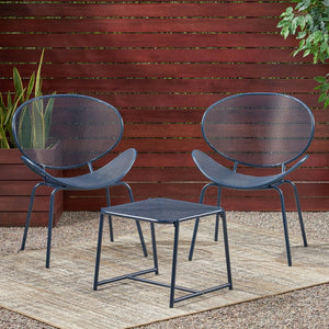 English Elm Christopher Knight Home® - ELBA Modern Mesh Shell Chat Set with Powder-Coated Iron Frame, Retro Minimal Outdoor Seating Navy Blue N775P250740N