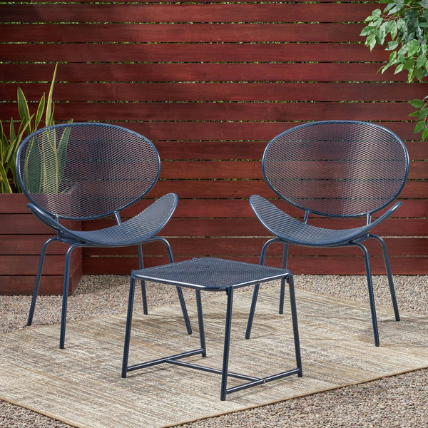 English Elm Christopher Knight Home® - ELBA Modern Mesh Shell Chat Set with Powder-Coated Iron Frame, Retro Minimal Outdoor Seating Navy Blue N775P250740N
