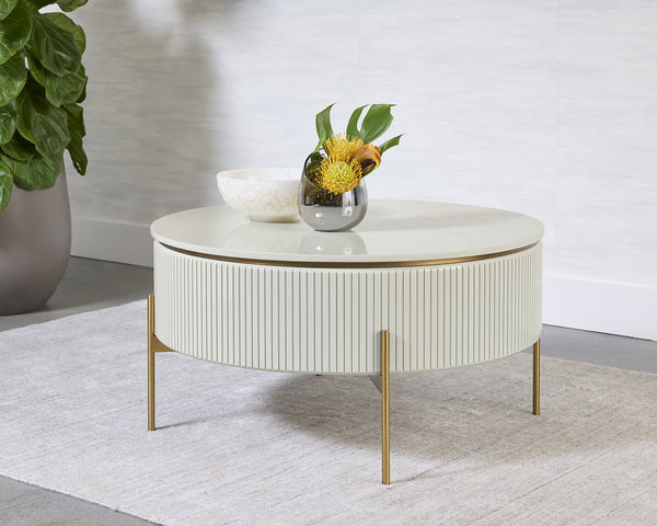 Sunpan Paloma Luxurious Lift Top Coffee Table with Gold Stainless Steel Legs - High Gloss Cream Elegance