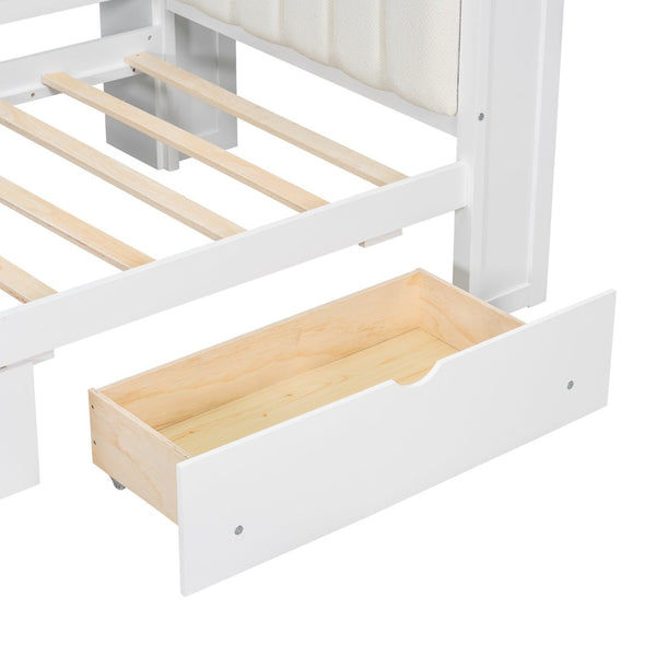 English Elm Wood Twin Size Platform Bed With Drawers, Charging Station, Led Light, Desk, & Upholstered Headboard N7090001046K-GIGA