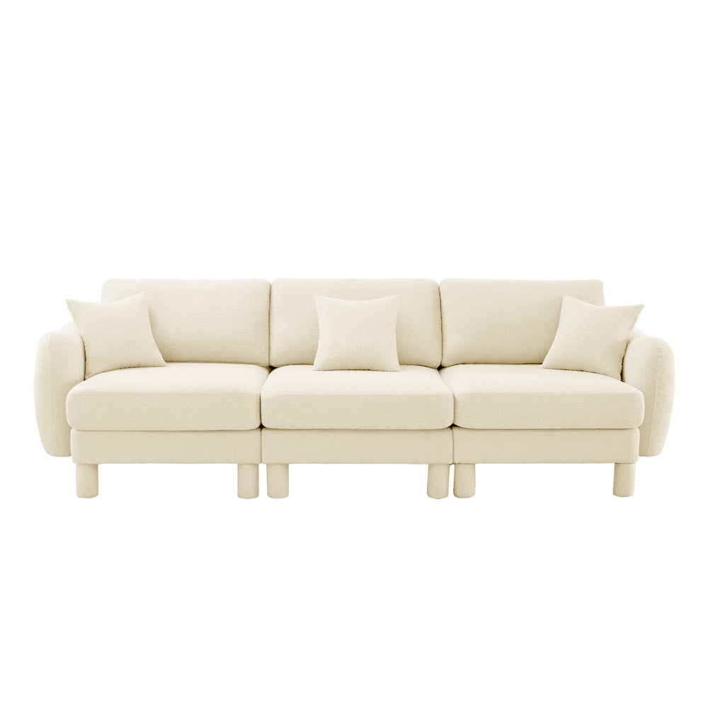 English Elm Boucle 3-Seater Sofa With Chic Shell-Shaped Armrests, Cylindrical Legs, And Plush Beige Upholstery W3041S00276