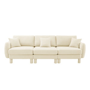 English Elm Boucle 3-Seater Sofa With Chic Shell-Shaped Armrests, Cylindrical Legs, And Plush Beige Upholstery W3041S00276