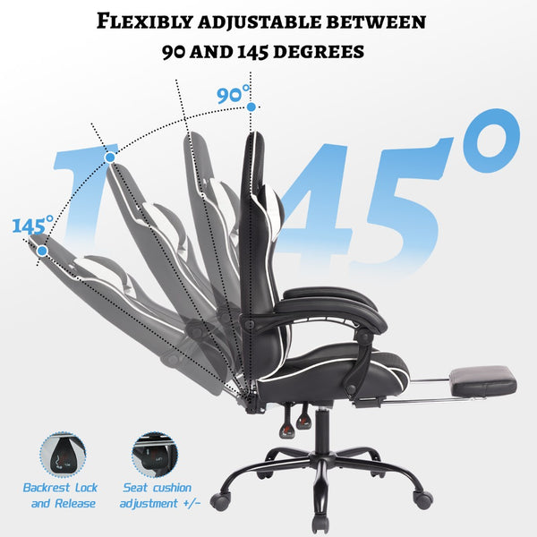 English Elm Deepfurniture Racing Style Gaming Chair Pu Leather Massage Lumbar Footrest Home Office Black White W3860P428632