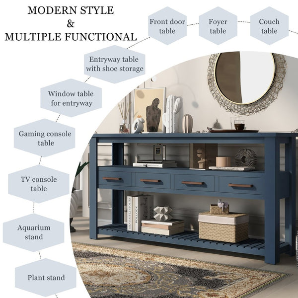 English Elm U_style Wide Painted Console Table Four Drawers Open Shelves Foyer Living Room Navy Blue N711P410406V
