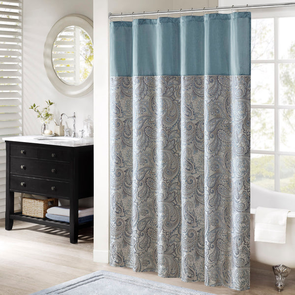 JLA Home Madison Park - Jacquard shower curtain with woven paisley texture, contrast top stripe, durable machine-washable style Teal MP70-8320
