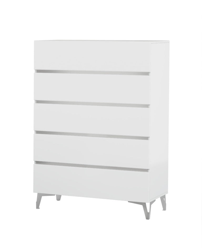 VIG Furniture Angela Italian Modern White Chest With High-Gloss Lacquer, 5 Soft-Close Drawers & Polished Steel Accents VGACANGELA-CHEST
