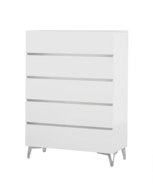 VIG Furniture Angela Italian Modern White Chest With High-Gloss Lacquer, 5 Soft-Close Drawers & Polished Steel Accents VGACANGELA-CHEST