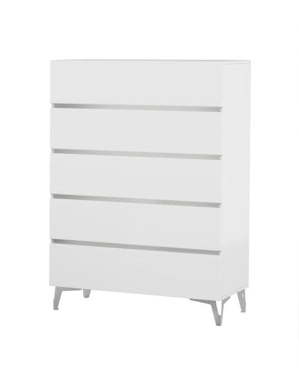 VIG Furniture Angela Italian Modern White Chest With High-Gloss Lacquer, 5 Soft-Close Drawers & Polished Steel Accents VGACANGELA-CHEST