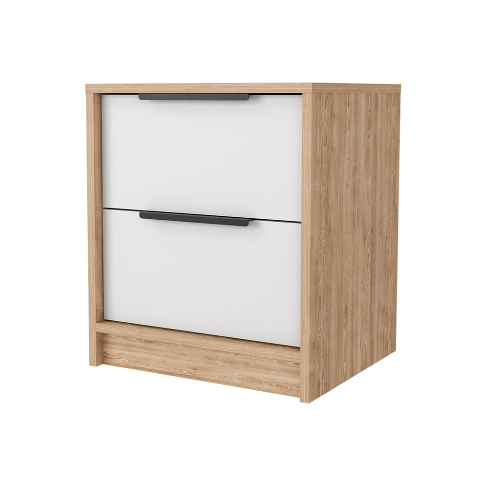 English Elm Washington Nightstand White & Light Oak with Two Large Drawers, Shelf, Metal Pulls, Compact Storage Elegance B128P148839