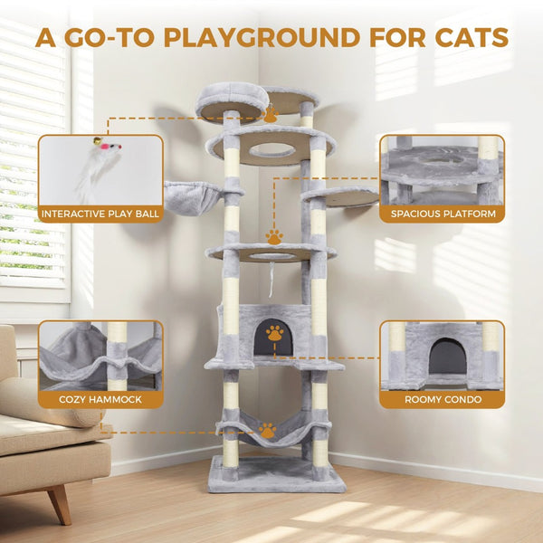 English Elm 71 Inch Floral Cat Tower with Condo Hammock Sisal Posts and Plush Perches for Large Breeds Light Gray W243P326647