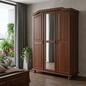 74 Inch Solid Wood Mirrored Three Door Dresser with Spacious Bedroom Storage