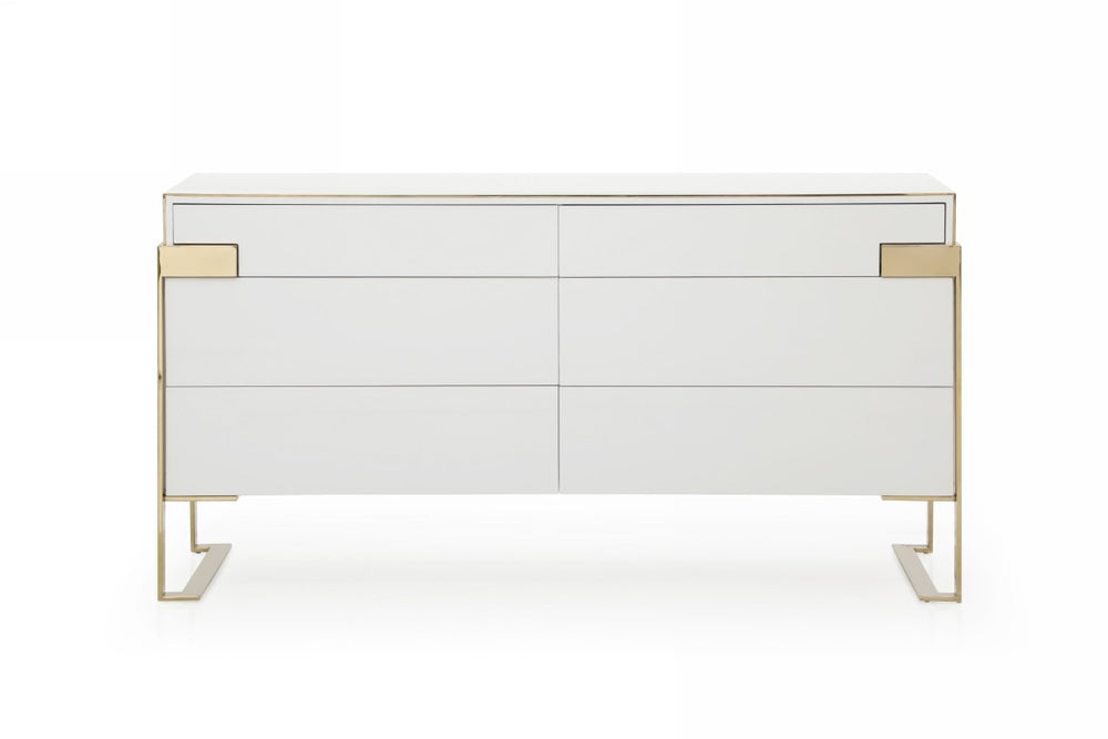 VIG Furniture Adonis Glam Modern Dresser With High-Gloss White Lacquer, Champagne Gold Legs, 6 Spacious Drawers VGVCMF-J096-6S