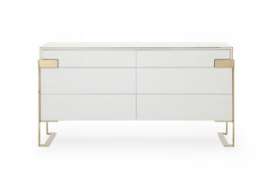 VIG Furniture Adonis Glam Modern Dresser With High-Gloss White Lacquer, Champagne Gold Legs, 6 Spacious Drawers VGVCMF-J096-6S