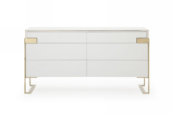 VIG Furniture Adonis Glam Modern Dresser With High-Gloss White Lacquer, Champagne Gold Legs, 6 Spacious Drawers VGVCMF-J096-6S