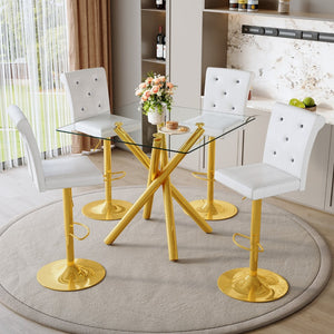 English Elm Modern Glass Pub Set with Gold Chrome Base and White Swivel Stools for Home Bar W3875S00036