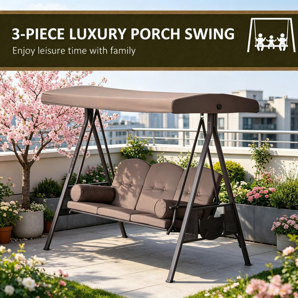 English Elm 3-seat Freestanding Outdoor Porch Swing with Canopy Tufted Cushions and Side Trays T3971S00233