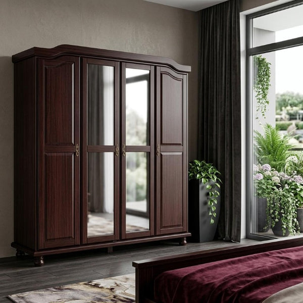 74 Inch Solid Wood Four Door Combo Dresser with Mirrored Panels for Bedroom Storage