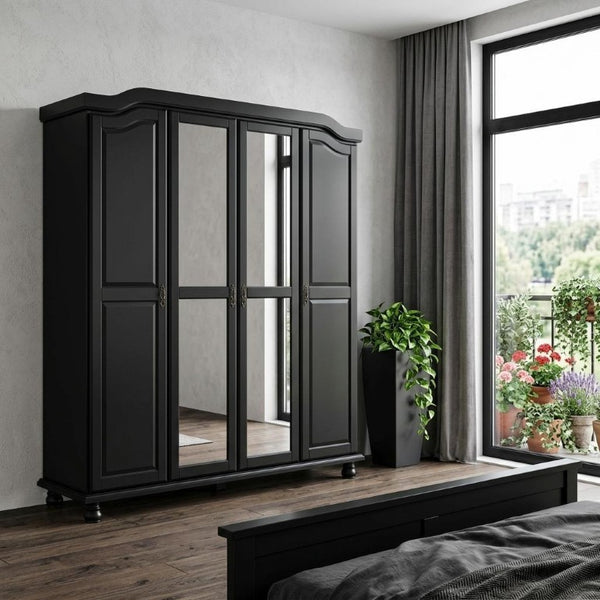 74 Inch Solid Wood Four Door Combo Dresser with Mirrored Panels for Bedroom Storage