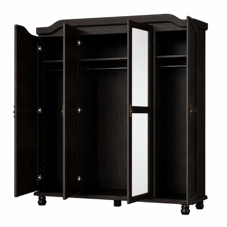HomeRoots 74 Inch Solid Wood Four Door Combo Dresser with Mirrored Panels for Bedroom Storage Espresso 764850