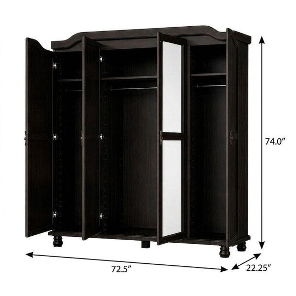 74 Inch Solid Wood Four Door Combo Dresser with Mirrored Panels for Bedroom Storage