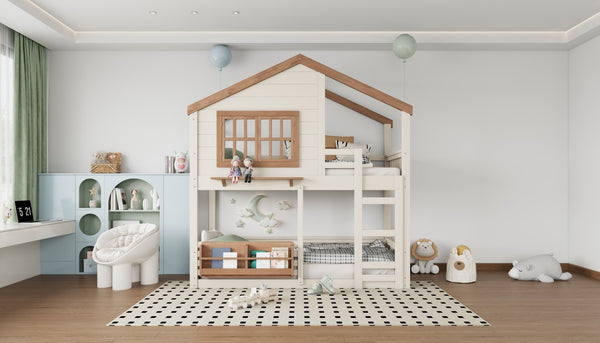 English Elm Full Bunk Bed with Trundle Bookshelf Storage Pine Frame Car Design for Kids W1580S00324