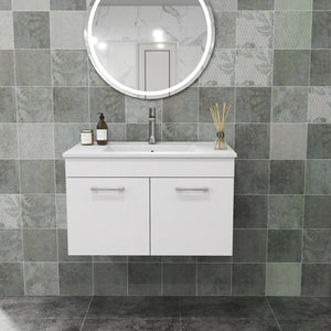 English Elm 32-Inch Wall-Mounted Bathroom Vanity With Ceramic Sink, Soft-Close Doors & Modern Glossy Finish W3151S00026
