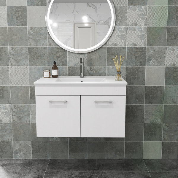 English Elm 32-Inch Wall-Mounted Bathroom Vanity With Ceramic Sink, Soft-Close Doors & Modern Glossy Finish W3151S00026