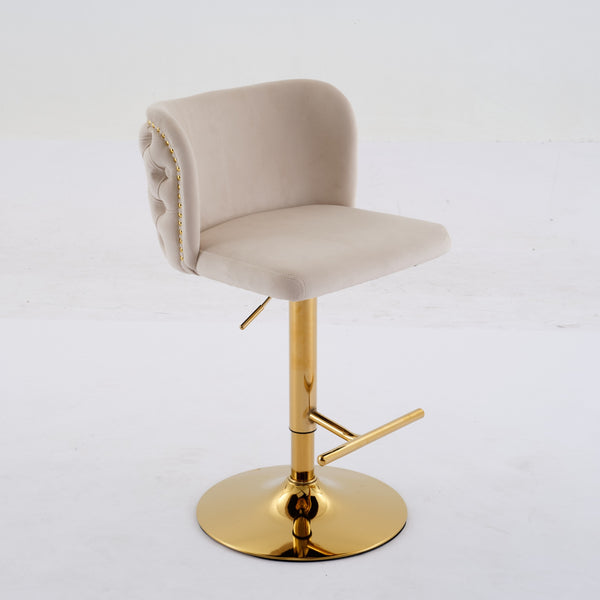 English Elm A&A Luxe Velvet Swivel Barstool with Gold-Plated 17.7" Base, Tufted Back, Ergonomic Waist Support Beige W1143P204045