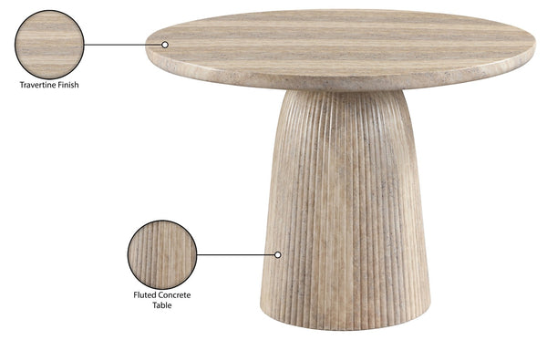 Meridian Furniture Venosa Round Concrete Dining Table Art Deco Fluted Pedestal Base for Indoor Outdoor Use Travertine 42 inches 764Travertine-DT42