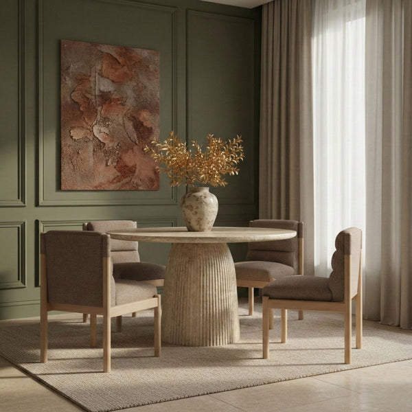 Meridian Furniture Venosa Round Concrete Dining Table Art Deco Fluted Pedestal Base for Indoor Outdoor Use Travertine 42 inches 764Travertine-DT42