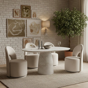 Meridian Furniture Venosa Round Concrete Dining Table Art Deco Fluted Pedestal Base for Indoor Outdoor Use White 42 inches 764White-DT42