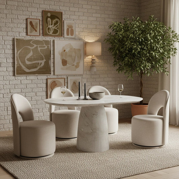 Meridian Furniture Venosa Round Concrete Dining Table Art Deco Fluted Pedestal Base for Indoor Outdoor Use White 42 inches 764White-DT42