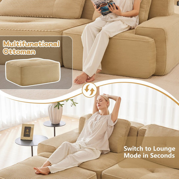English Elm Modern Corduroy Sectional Sofa Deep Seat V Shape Tufted Couch with Movable Ottoman Camel W714S01588