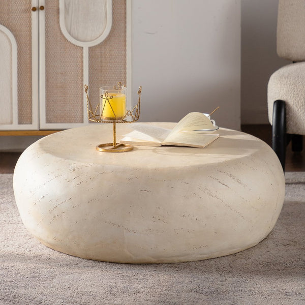 English Elm Mgo Mid-Century Round Coffee Table - Vintage Faux Stone Accent For Living Room, Office, Or Apartment W3081P344038