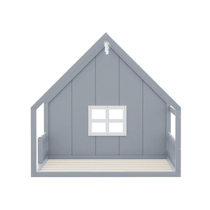 English Elm Full House Bed Frame with Window & Fence Playhouse Design, Sturdy Pine/MDF, Safe 400lb Capacity Gray N709P215545E