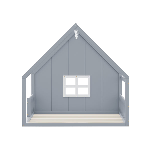 English Elm Full House Bed Frame with Window & Fence Playhouse Design, Sturdy Pine/MDF, Safe 400lb Capacity Gray N709P215545E