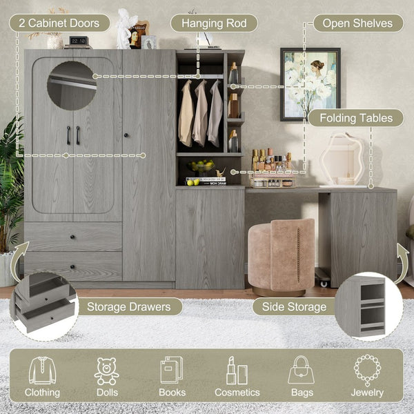 English Elm Multifunctional Wardrobe Cabinet with Fold Out Desk Hanging Rod and Storage Drawers Gray W1580S00476